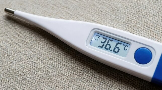 a white digital thermometer with a blue button displaying a normal body temperature of 36.6 celsius