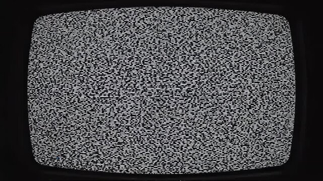 Retro television static transitions to color test pattern with glitch effects during analog broadcast interruption