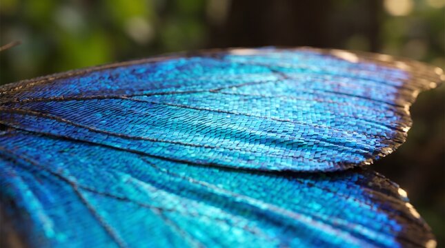 Macro close up of a vibrant blue morpho butterfly wing showing iridescent scales and natural texture
