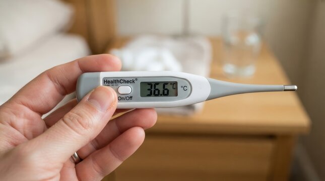 A close-up shot of a hand holding a digital thermometer displaying a normal body temperature reading
