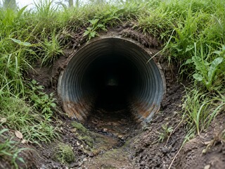 Fototapeta premium Culvert pipe opening beneath a grass embankment with a corrugated metal mouth and dark interior beyond