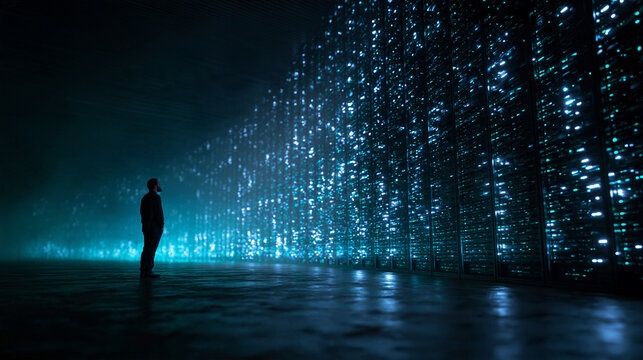 Man Standing Before Massive Glowing Data Center Server Wall
