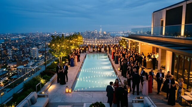 Elegant people attending a rooftop social party with pool at twilight