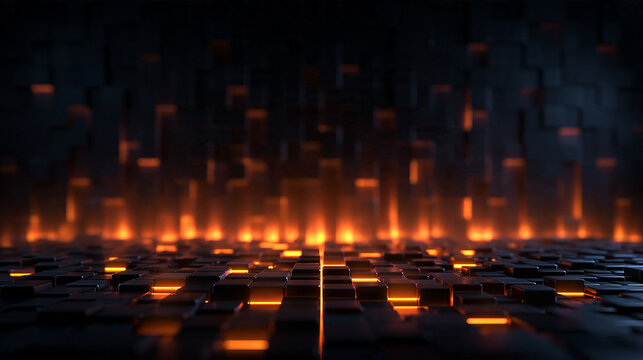 Abstract Digital Background with Glowing Orange Geometric Cubes