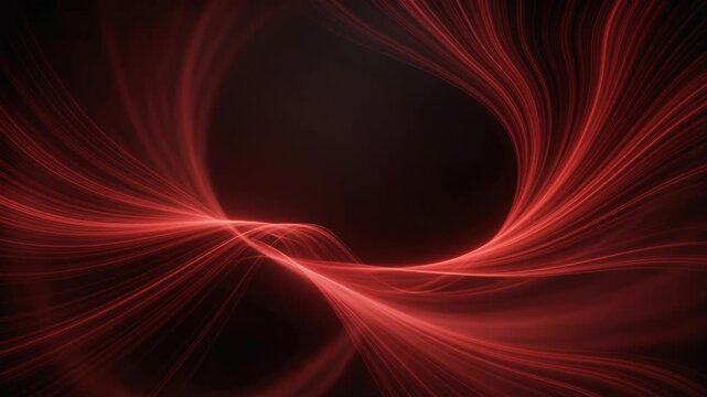 Red flowing light trails form an abstract wave on a dark background, creating a dynamic technology concept with elegant motion