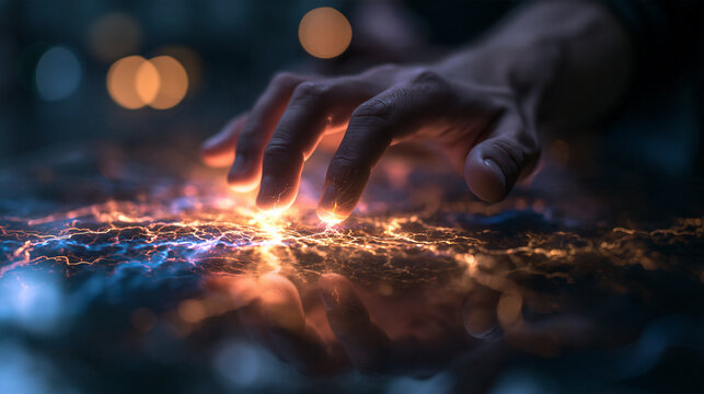 Hand Touching Glowing Futuristic Digital Touchscreen Interface