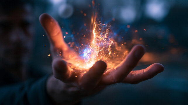 Man Holding Glowing Magical Energy and Fire in Hand