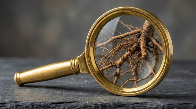 Magnifying glass revealing intricate tree roots to symbolize effective root cause analysis.