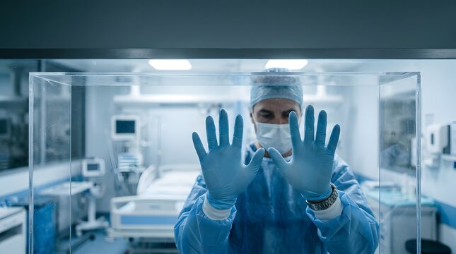 Healthcare worker in sterile scrubs pressing hands against glass partition