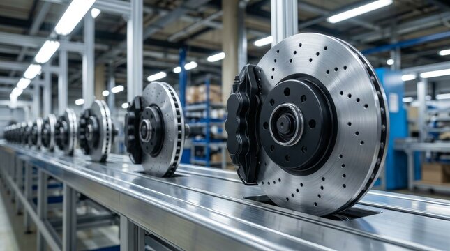 New car brake discs with calipers aligned on an automotive manufacturing production line.