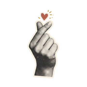 Hand making a mini finger heart gesture topped with an illustrated red heart symbol in vintage cutout collage style.