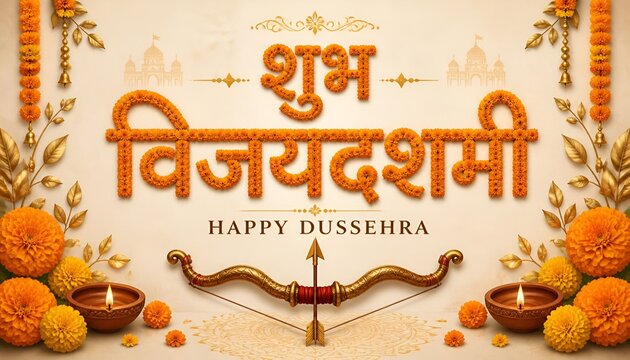 Dussehra celebration featuring floral Vijaya Dashami lettering, marigold decorations, glowing diyas and premium Indian festive design