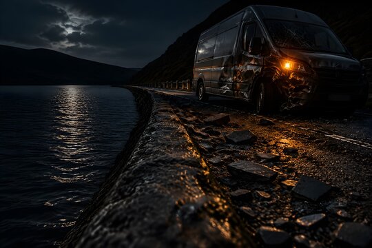 Crumpled delivery van on the gravel shoulder of an upland reservoir road at night