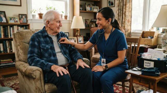 A smiling home health aide examines an elderly man sitting in his comfortable armchair during a visi