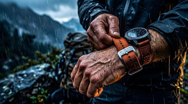 Man adjusting orange sport watch strap during heavy mountain rainfall