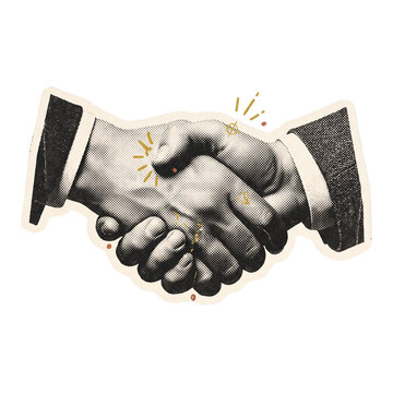 Handshake between business partners in suit jackets cutout sticker illustrating partnership and successful agreement.