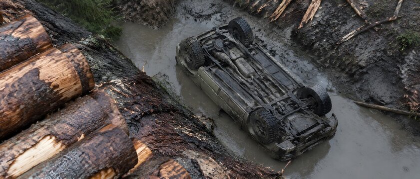 Vehicle rolled onto its roof in a rain filled ditch at the edge of a felled timber clearing