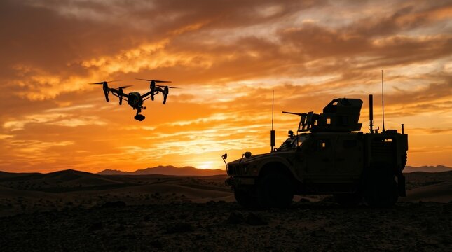 Silhouette of a military vehicle and drone in the desert during a golden sunset.