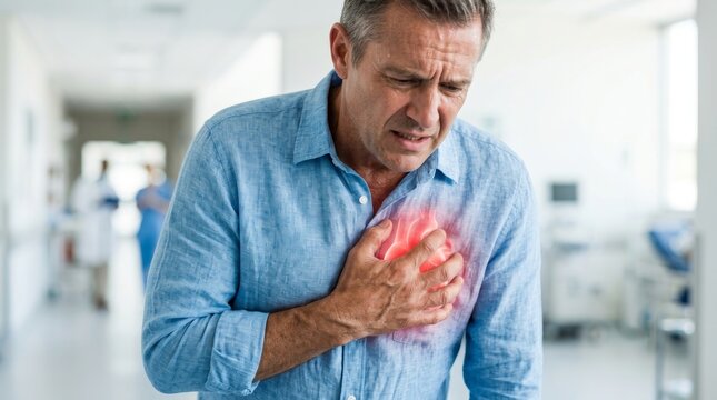 Man experiencing severe chest pain and heart attack discomfort with red glowing spot.