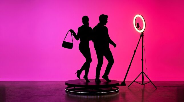 Silhouettes of a man and woman on a 360 photo booth platform with a ring light.