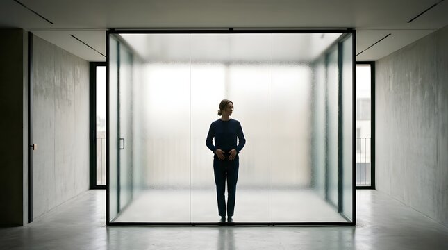 Minimalist Woman Standing Inside Glass Cube Room Interior