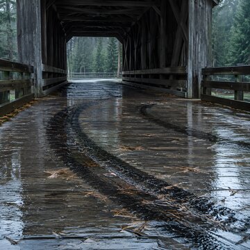 Black skid arcs curving across rain soaked asphalt on the timber deck of a covered bridge