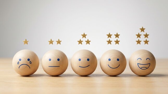 Five wooden spheres with faces representing customer satisfaction rating from sad to happy.