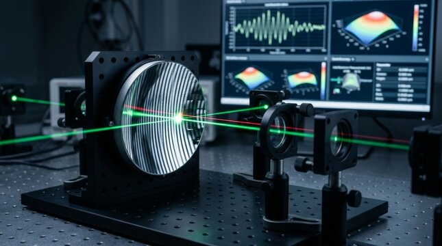 Laser interferometer system producing interference fringes over a concave mirror for surface contour evaluation.