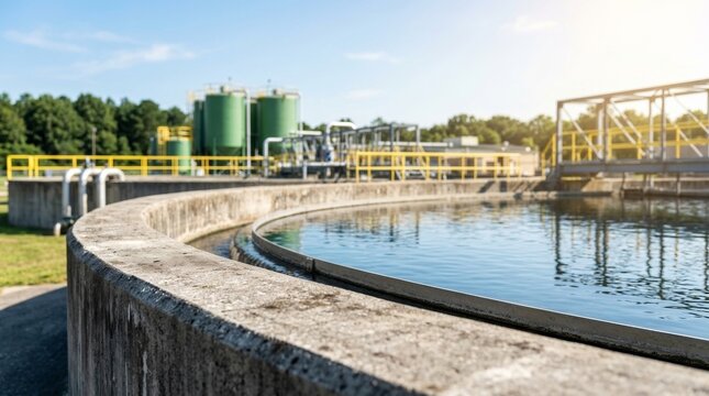 Modern wastewater treatment plant with circular tanks purifying water.