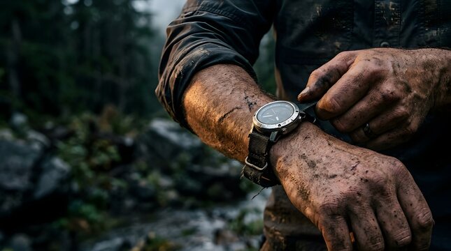 Muddy Hiker Checking Time on Rugged Outdoor Wristwatch in Nature