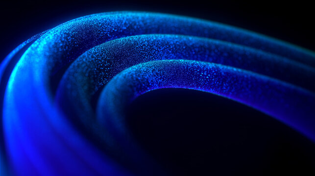 Abstract illuminated blue spiral curve with sparkling particle texture. Futuristic 3D neon coil in dark space