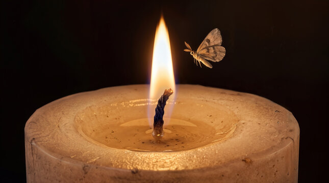 Moth flying toward burning candle flame in dark room. Close-up of insect attracted to light source.