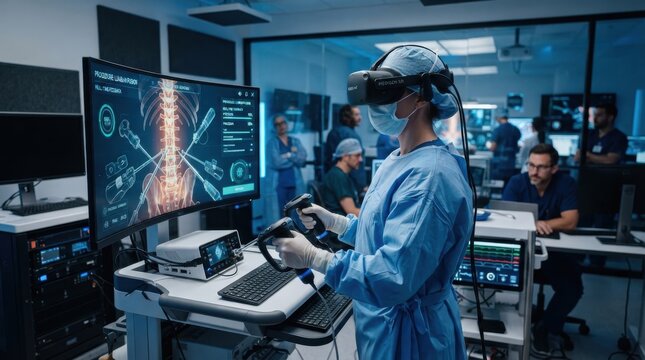 surgeon using vr headset and haptic controllers for remote robotic spinal surgery simulation trainin