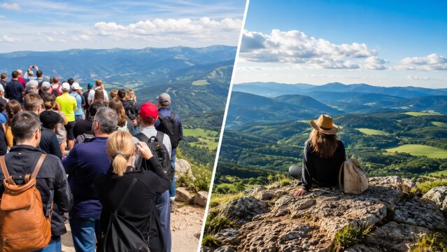Crowded tourist viewpoint and peaceful mountain overlook