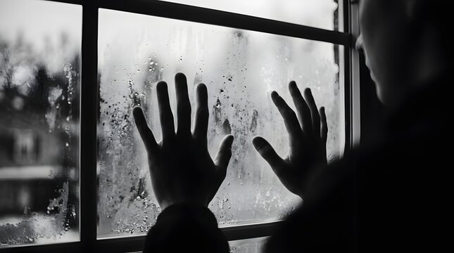 Person hands pressed against steamed foggy glass window for reflection
