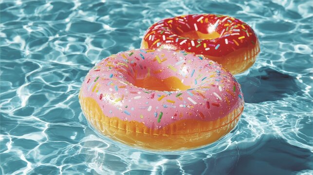 Inflatable donut pool floats with pink and red frosting drifting on clear blue rippling water during a sunny summer vacation day