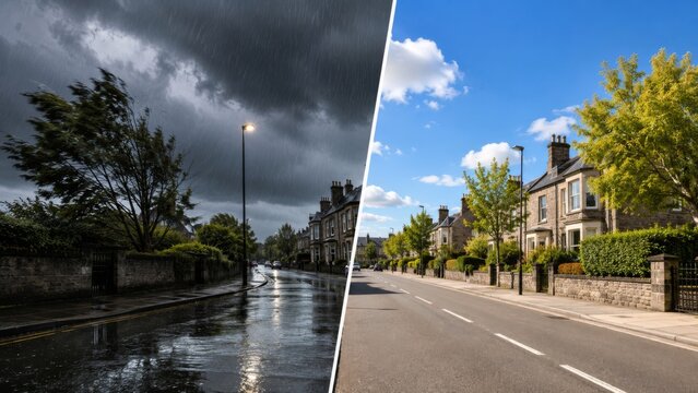 Stormy street and clear sunny neighborhood after the rain