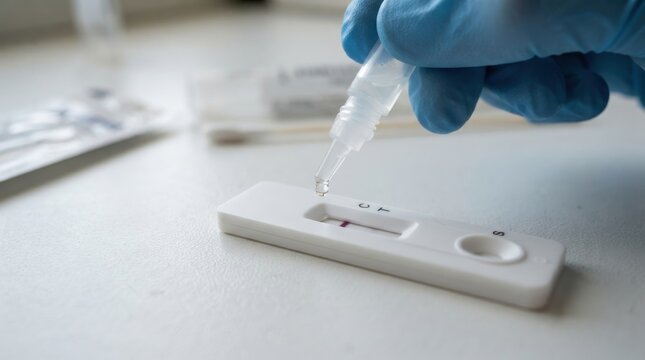 Close up of a gloved hand applying liquid buffer solution to a lateral flow covid 19 test kit device