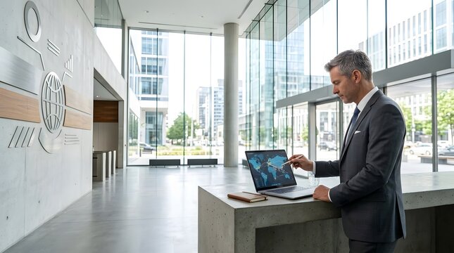 Professional businessman using laptop for global data analysis in office