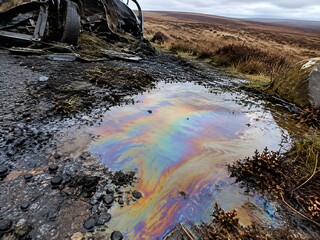 Obraz premium Iridescent diesel sheen pooling across a gritted moorland layby beside wreckage