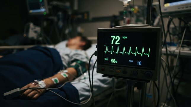 patient lying in hospital bed with vital signs monitor displaying heart rate and blood oxygen levels