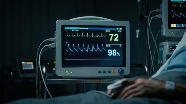 patient vital signs monitor showing heart rate and oxygen saturation in a dark hospital room setting