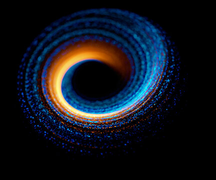 Glowing spiral galaxy vortex with orange core and blue particle arms on black. Abstract cosmic accretion disk and space singularity concept, black hole, or dynamic energetic spiral.