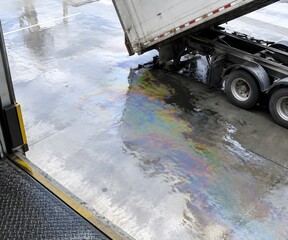 Obraz premium Iridescent diesel sheen creeping across the wet apron of a lorry park beneath a tilted trailer