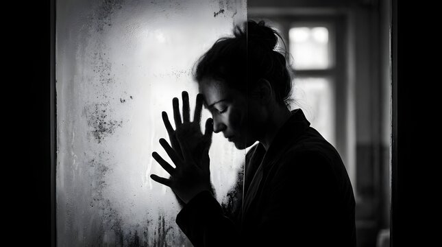 Sad woman leaning against frosted glass panel in monochrome profile