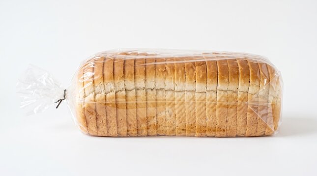Fresh sliced golden white bread loaf packaged inside a clear plastic wrapper with twist tie against bright white background.