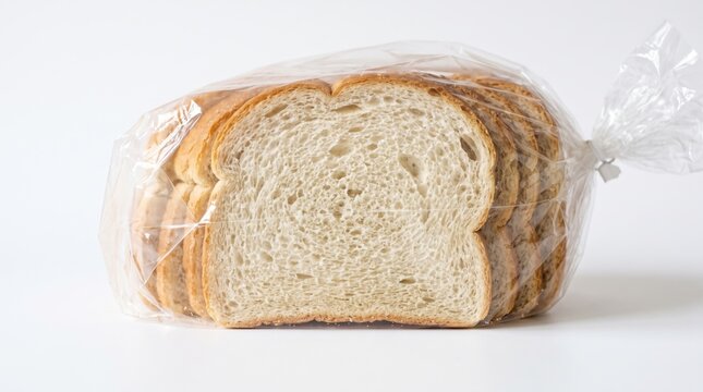 A single slice of soft white bread standing prominently before a packaged loaf on a bright studio backdrop.