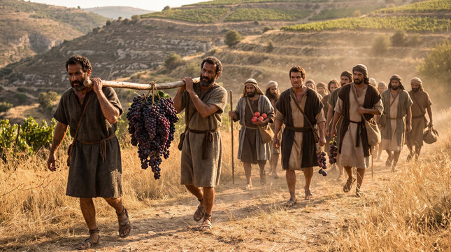 The twelve spies return carrying a giant cluster of grapes on a pole from the Valley of Eshcol, photorealistic depiction of the Old Testament story