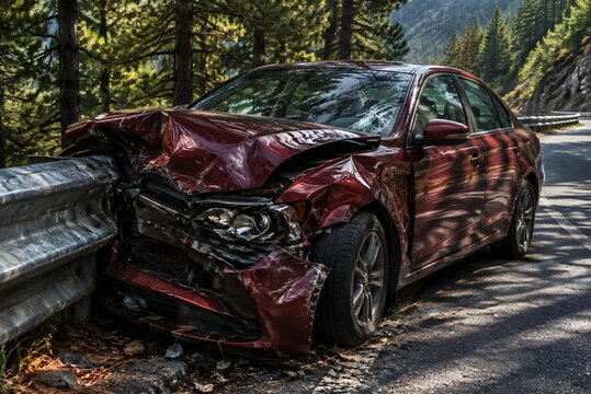 Crumpled dark red sedan crushed against a steel guardrail on a curving mountain road with pine shadows across dented panels