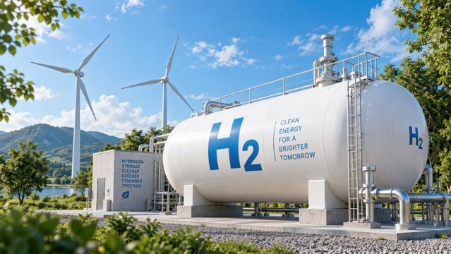 Green hydrogen energy storage tank with wind turbines and solar panels in nature environment- 3D rendering